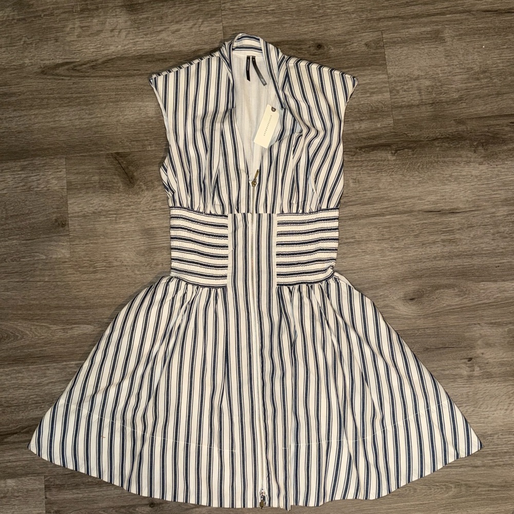 The Tommie Cap Sleeve stripe smocked front zip mini shirt dress - Picture 6 of 10